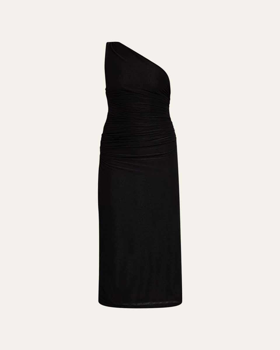 Ruched One-Shoulder Sheath Midi Dress